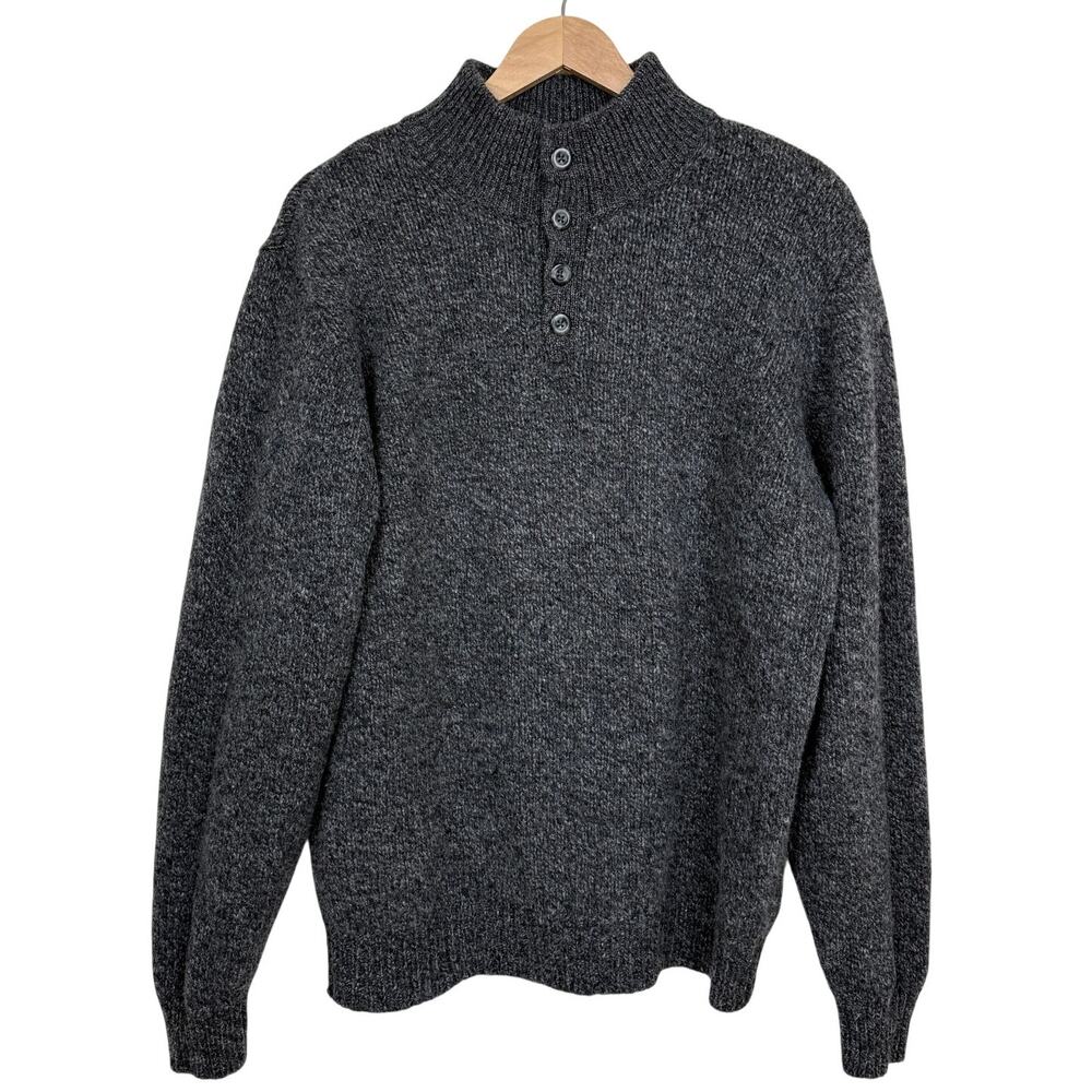 L.L.Bean Sweater 100% Lambswool Gray Henley Mock Neck Mens Large